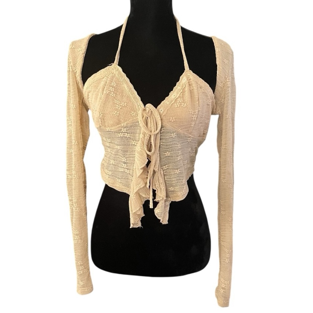 Beige Sheer Lace Tie Front Long Sleeve Ruffle Crop Top Y2K Romantic Boho Large